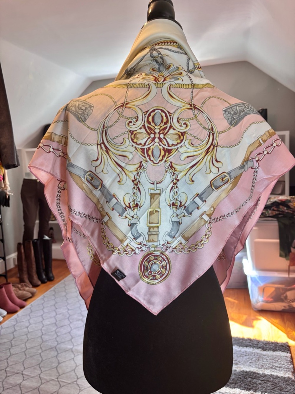 CLOIE Equestrian Chain & Belt Silk-Feel Square Scarfs — Pink & Blue - Picture 3 of 7